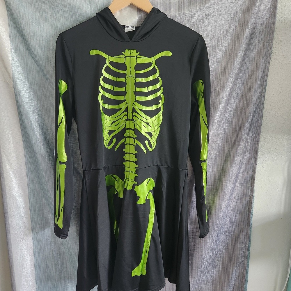 Spirit Halloween Womens Skeleton Hooded Dress‎ Black Neon Green Size L Costume